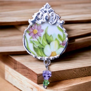 Broken China Jewelry, Brooch Pin, Purple and Green Floral Chintz image 7