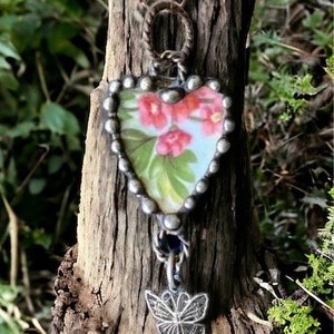 Necklace, Broken China Jewelry, Broken China Necklace, Heart Pendant, Peach Hawthorn China, Oxidized Sterling Silver, Soldered Jewelry