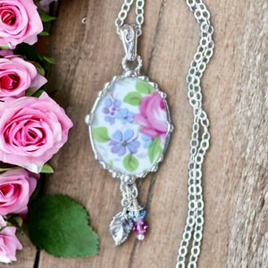 Necklace, Broken China Jewelry, Broken China Necklace, Pink Rose and Lavender, Oval Pendant, Sterling Silver, Soldered Jewelry image 1