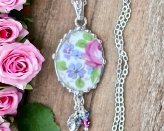 Necklace, Broken China Jewelry, Broken China Necklace, Pink Rose and Lavender, Oval Pendant, Sterling Silver, Soldered Jewelry