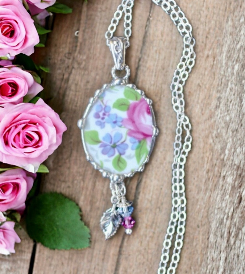 Necklace, Broken China Jewelry, Broken China Necklace, Pink Rose and Lavender, Oval Pendant, Sterling Silver, Soldered Jewelry image 1