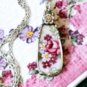 Necklace, Broken China Jewelry, Broken China Necklace, Shield Pendant, Blue and Pink Chintz, Sterling Silver Findings, Soldered Jewelry