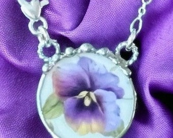 Necklace, Broken China Jewelry, Broken China Necklace, Round Pendant, Purple Pansy Chintz China, Sterling Silver, Soldered Jewelry