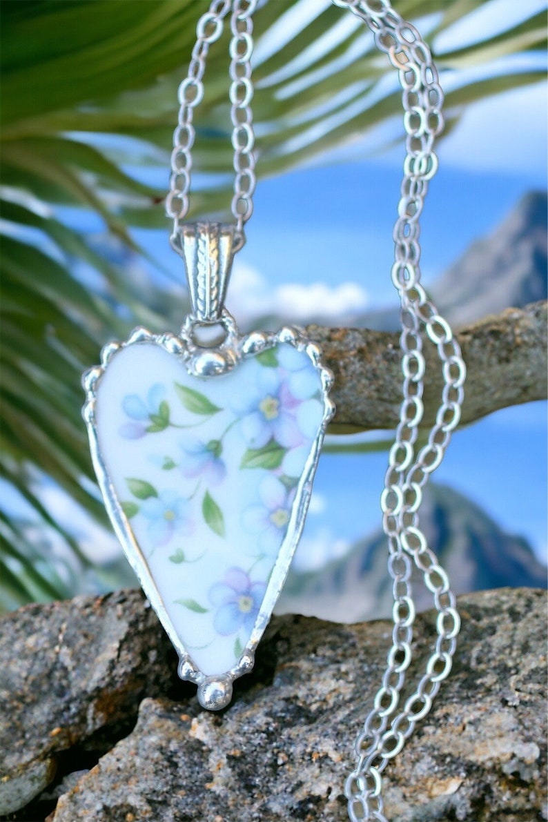 Necklace, Broken China Jewelry, Broken China Necklace, Heart Pendant, Blue and Lavender Floral China, Sterling Silver Chain image 2