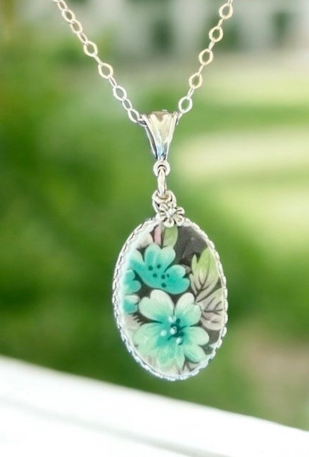 Necklace, Broken China Jewelry, Broken China Necklace, Oval Pendant