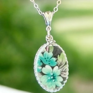 Necklace, Broken China Jewelry, Broken China Necklace, Oval Pendant, Black and Teal Floral China, Sterling Silver Bezel, Flower Charm