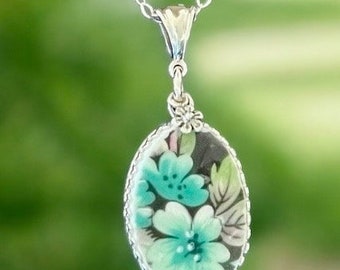 Necklace, Broken China Jewelry, Broken China Necklace, Oval Pendant, Black and Teal Floral China, Sterling Silver Bezel, Flower Charm