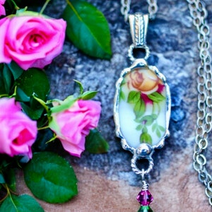 Necklace, Broken China Jewelry, Broken China Necklace, Oval Pendant, Old Country Rose, Sterling Silver Findings, Soldered Jewelry