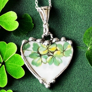 Necklace, Broken China Jewelry, Broken China Necklace, Shamrocks Heart, St Patricks, Green, Sterling Silver Findings, Soldered Jewelry