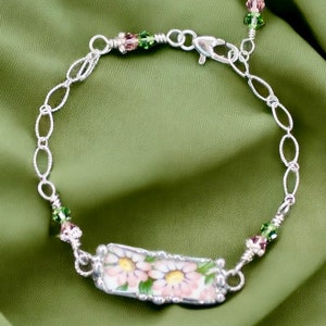 Broken China Bracelet, Broken China Jewelry, Peachy Pink Flowers, Sterling Silver Chain, Soldered Jewelry image 5