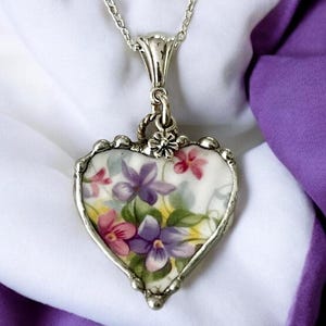 Necklace, Broken China Jewelry, Heart Pendant, Broken China Heart, Pink and Purple Floral China, Sterling Silver Findings, Soldered Jewelry