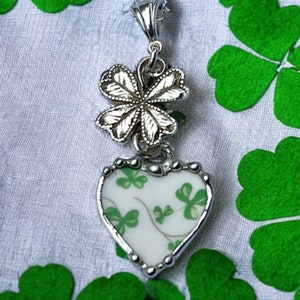 Pendant, Heart Pendant, Shamrock China, St Patricks Pendant, Four Leaf Clover, Sterling Silver, Soldered Jewelry, Heart Jewelry, Green image 3