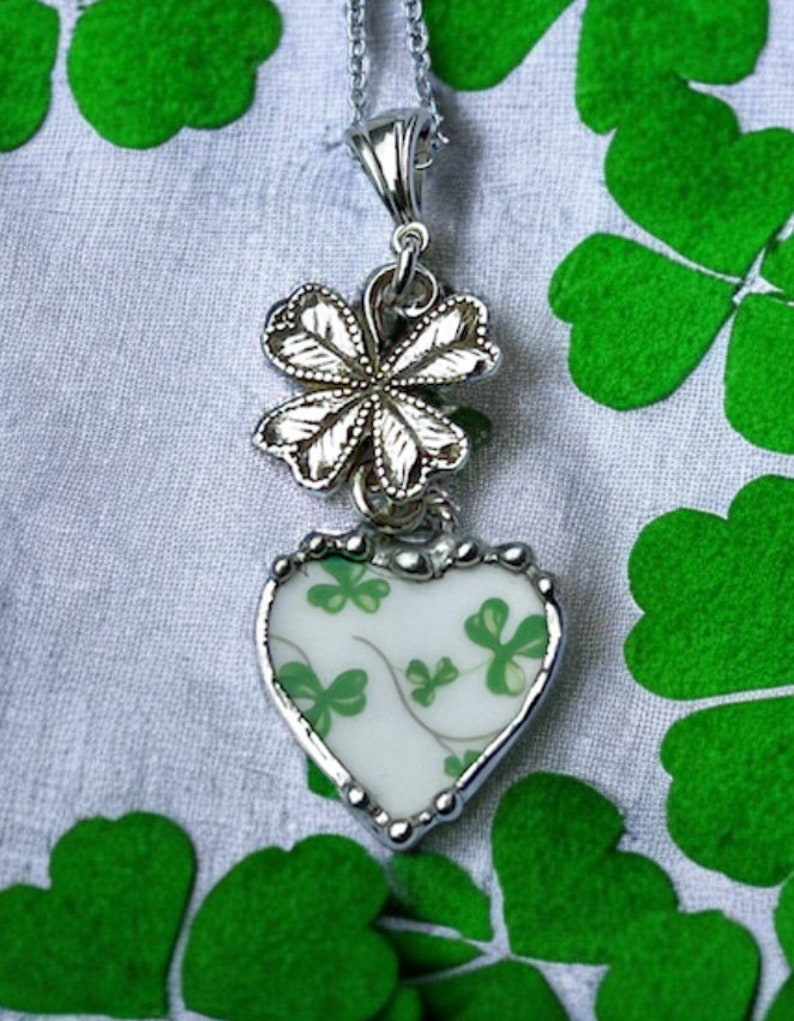 Pendant, Heart Pendant, Shamrock China, St Patricks Pendant, Four Leaf Clover, Sterling Silver, Soldered Jewelry, Heart Jewelry, Green image 3