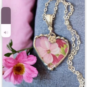 Necklace, Broken China Jewelry, Broken China Necklace, Heart Pendant, Pink Pink Apple Blossom, Sterling Silver Findings, Soldered Jewelry