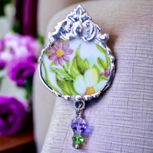 Broken China Jewelry, Brooch Pin, Purple and Green Floral Chintz image 3