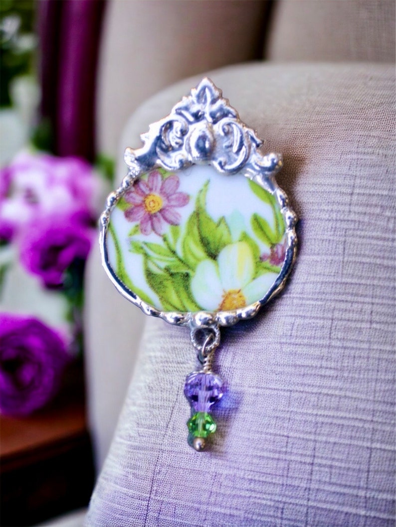 Broken China Jewelry, Brooch Pin, Purple and Green Floral Chintz image 3