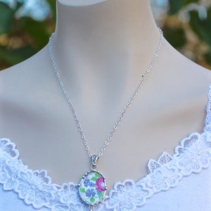 Necklace, Broken China Jewelry, Broken China Necklace, Pink Rose and Lavender, Oval Pendant, Sterling Silver, Soldered Jewelry image 9