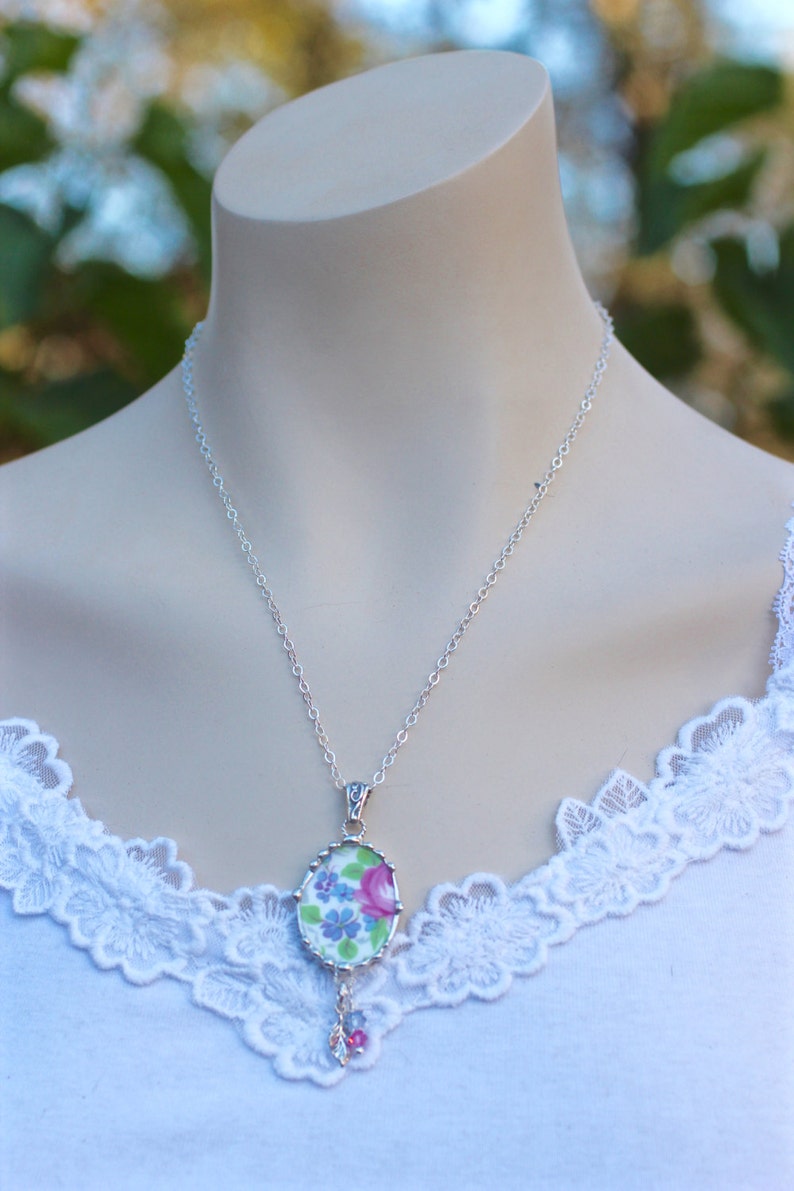 Necklace, Broken China Jewelry, Broken China Necklace, Pink Rose and Lavender, Oval Pendant, Sterling Silver, Soldered Jewelry image 9