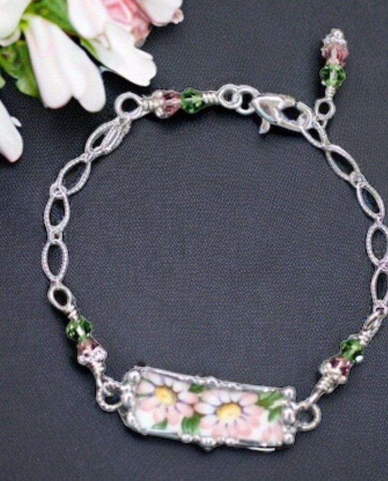 Broken China Bracelet, Broken China Jewelry, Peachy Pink Flowers, Sterling Silver Chain, Soldered Jewelry image 1