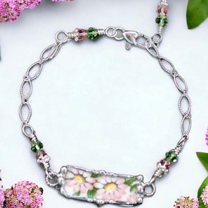 Broken China Bracelet, Broken China Jewelry, Peachy Pink Flowers, Sterling Silver Chain, Soldered Jewelry image 3