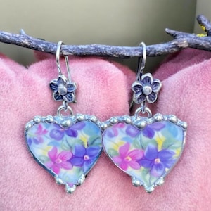 Earrings, Broken China Jewelry, Broken China Earrings, Heart Jewelry,  Pink and Purple China, Sterling Sliver Lever Backs, Soldered Jewelry