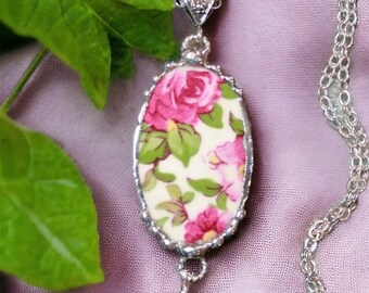 Necklace, Broken China Jewelry, Broken China Necklace, Handmade Lampwork Bead, Pink Roses China, Serling Silver Findings, Soldered Jewelry