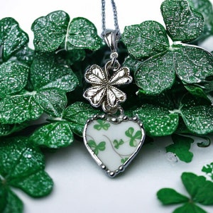 Pendant, Heart Pendant, Shamrock China, St Patricks Pendant, Four Leaf Clover, Sterling Silver, Soldered Jewelry, Heart Jewelry, Green image 2