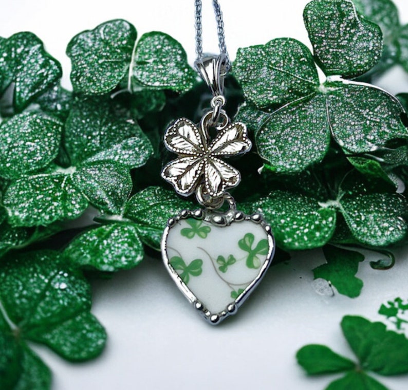 Pendant, Heart Pendant, Shamrock China, St Patricks Pendant, Four Leaf Clover, Sterling Silver, Soldered Jewelry, Heart Jewelry, Green image 2