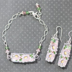 Broken China Bracelet, Broken China Jewelry, Peachy Pink Flowers, Sterling Silver Chain, Soldered Jewelry image 10