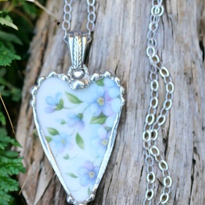 Necklace, Broken China Jewelry, Broken China Necklace, Heart Pendant, Blue and Lavender Floral China, Sterling Silver Chain image 5