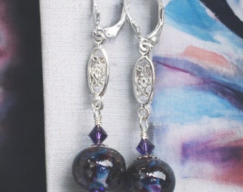 Boucles d'oreilles, bijoux en perles de chalumeau, perles violettes et turquoises faites main, argent sterling