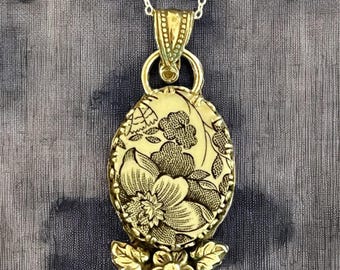 Necklace, Broken China Jewelry, Broken China Necklace, Oval Pendant, Black Transferware China, Sterling Silver Bezel, Recycled Silver Charms