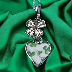 Pendant, Heart Pendant, Shamrock China, St Patricks Pendant, Four Leaf Clover, Sterling Silver, Soldered Jewelry, Heart Jewelry, Green image 4