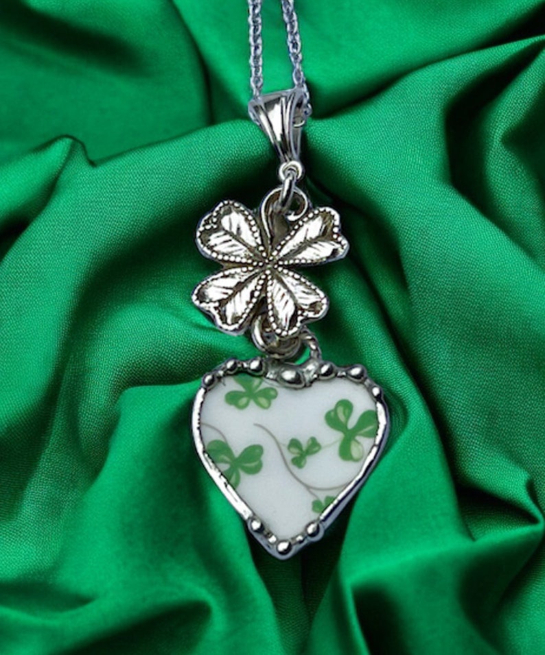 Pendant, Heart Pendant, Shamrock China, St Patricks Pendant, Four Leaf Clover, Sterling Silver, Soldered Jewelry, Heart Jewelry, Green image 4