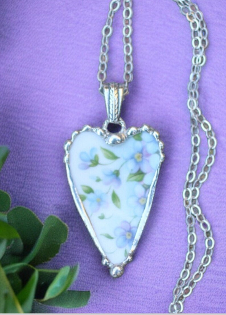 Necklace, Broken China Jewelry, Broken China Necklace, Heart Pendant, Blue and Lavender Floral China, Sterling Silver Chain image 1