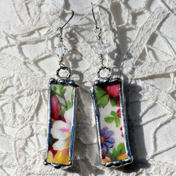 Broken China Jewelry Earrings - DuBarry Chintz, Sterling Silver Ear Wires