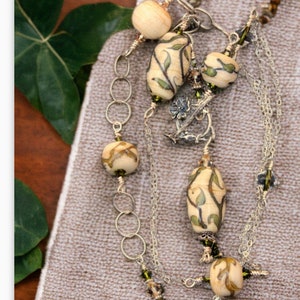 Lampwork Bead Necklace, Beaded Necklace, Handmade Ivory Vine Beads, Sterling Silver Wire Wrapped Necklace, Handmade Lampwork Bead Jewelry