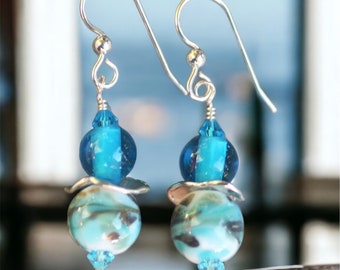 Lampwork Earrings, Lampwork Jewelry, Lampwork Bead Earrings, Aqua Turquoise Beads, Dangle Earrings, Sterling Silver