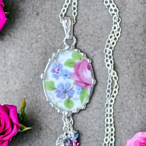 Necklace, Broken China Jewelry, Broken China Necklace, Pink Rose and Lavender, Oval Pendant, Sterling Silver, Soldered Jewelry image 7