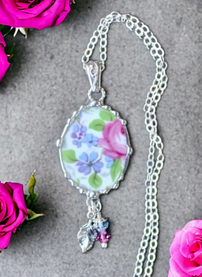 Necklace, Broken China Jewelry, Broken China Necklace, Pink Rose and Lavender, Oval Pendant, Sterling Silver, Soldered Jewelry image 7