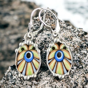Earrings, Broken China Jewelry, Broken China Earrings, Oval Mid Century China, Blue and Yellow China, Sterling Silver Lever Backs