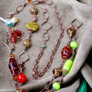 Necklace, Lampwork Bead Necklace, Copper Necklace, Handmade Lampwork Beads, Bird, Long Necklace, Soldered Jewelry, Fall Colors, Fall Trends