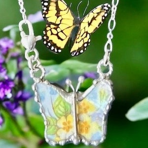 Necklace, Broken China Jewelry, Butterfly Necklace, Primrose Chintz, Blue and Yellow, Sterling Silver Chain, Soldered Jewelry