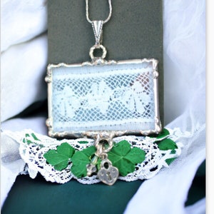 Lace Necklace, Lace Jewelry, Soldered Pendants, Ivory, Shamrock Sterling Silver, Lock Charm image 3