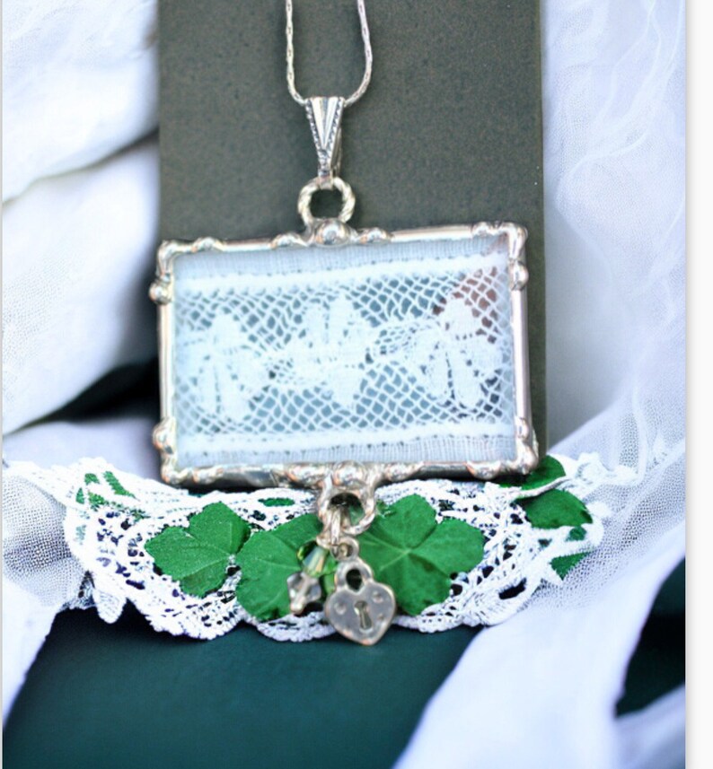 Lace Necklace, Lace Jewelry, Soldered Pendants, Ivory, Shamrock Sterling Silver, Lock Charm image 3