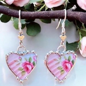 Broken China Jewelry, Broken China Earrings, Heart, Pink Rose China, Dangle Earring, Soldered Jewelry, Silver Silver Ear Wires