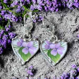 Earrings, Broken China Jewelry, Broken China Earrings, Heart Jewelry, Purple Violet China, Sterling Sliver Lever Backs, Soldered Jewelry