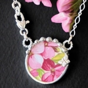 Necklace, Broken China Jewelry, Broken China Necklace, Round Pendant, Pink Floral Chintz, Butterfly, Sterling Silver Chain, Soldered Jewelry