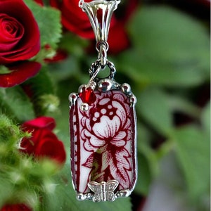 Necklace, Broken China Jewelry, Broken China Pendant, Rectangle Pendant, Red and Green Transferware, Silver Findings, Soldered Jewelry