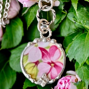 Necklace, Broken China Jewelry, Broken China Necklace, Round, Pink Floral China, Sterling Silver Findings, Soldered Jewelry, Butterfly
